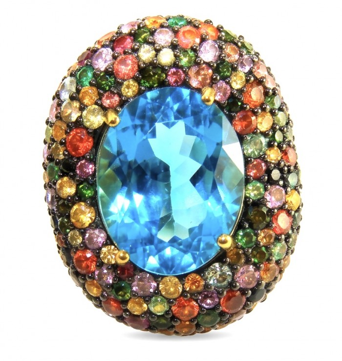 Poseidon 33.8 carat Swiss Blue Topaz Sapphire 18k Gold over .925 Sterling Silver handcrafted Large ring size 7 - Close-up of Poseidon 33.8 carat Swiss Blue Topaz with colorful sapphires