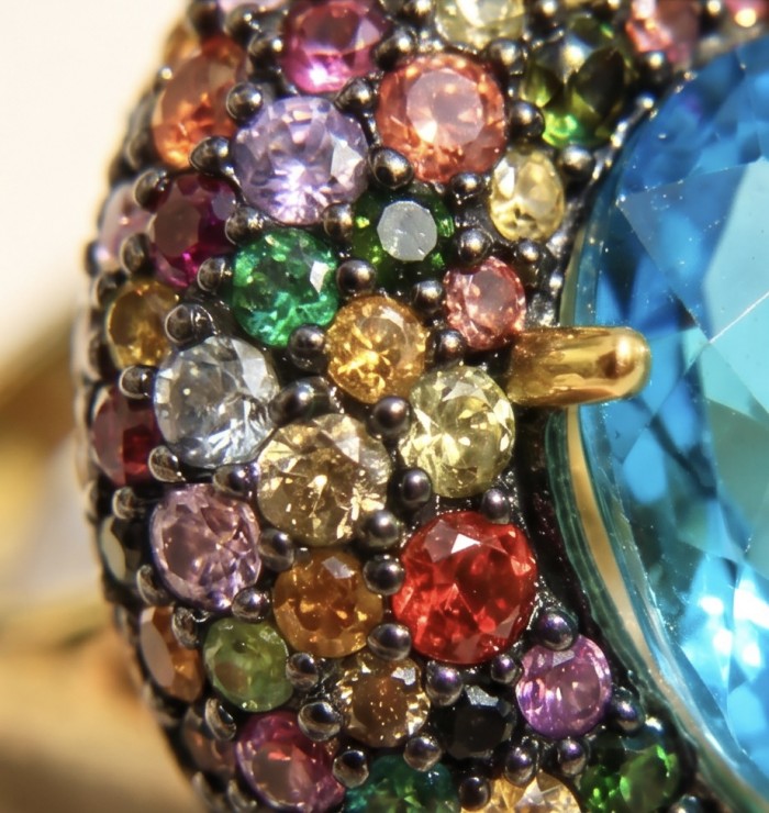Poseidon 33.8 carat Swiss Blue Topaz Sapphire 18k Gold over .925 Sterling Silver handcrafted Large ring size 7 - Close-up of colorful gemstones on Poseidon 33.8 carat jewelry piece.