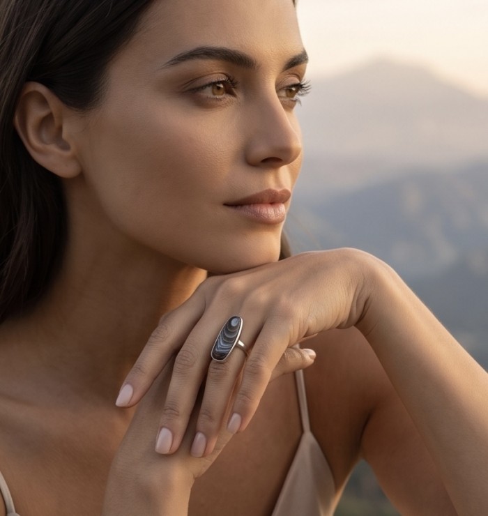 Sahara Dune Top Quality Botswana Agate .925 Sterling Silver handcrafted Ring s. 8 adjustable - Side view of woman wearing a Sahara Dune Botswana Agate ring.