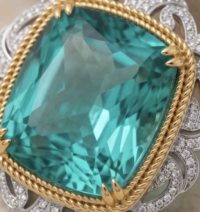 Brazilian's Briliance - emerald cut 33.7 carat Paraiba Tourmaline 2 tones .925 Sterling Silver handcrafted necklace - Stone close-up of 33.7ct Paraiba Tourmaline in gold and diamond setting