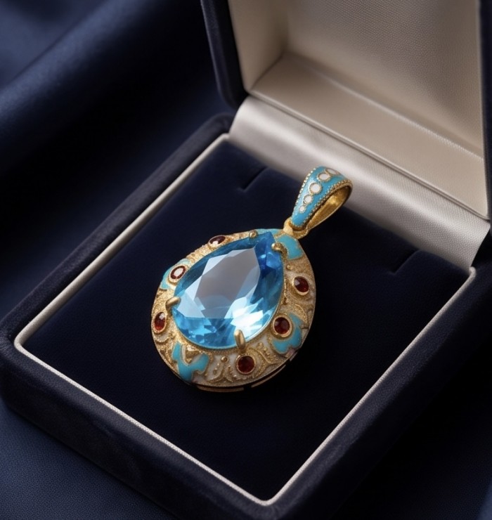 Atlantica - amazing quality PEAR cut 34.5 CARAT genuine Swiss Blue Topaz Enamel 22K Gold over .925 Sterling Silver handmade pendant - Teardrop blue pendant with gold details in open jewelry box.