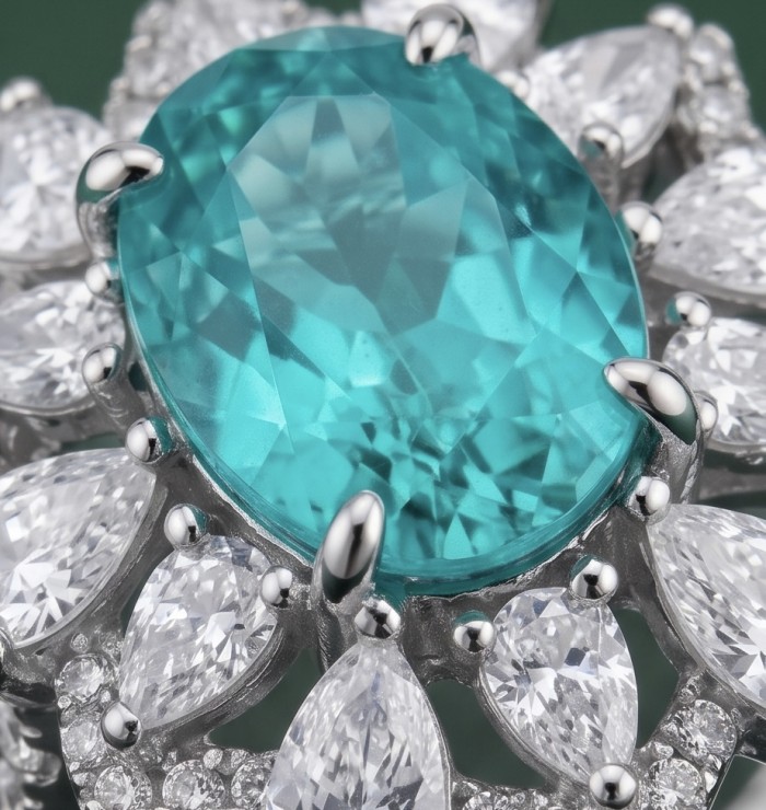 Elizabeth 6.4 carat Paraiba Tourmaline .925 Sterling Silver Handcrafted Ring size 5 - Close-up of Elizabeth 6.4ct Paraiba Tourmaline in sterling silver setting.