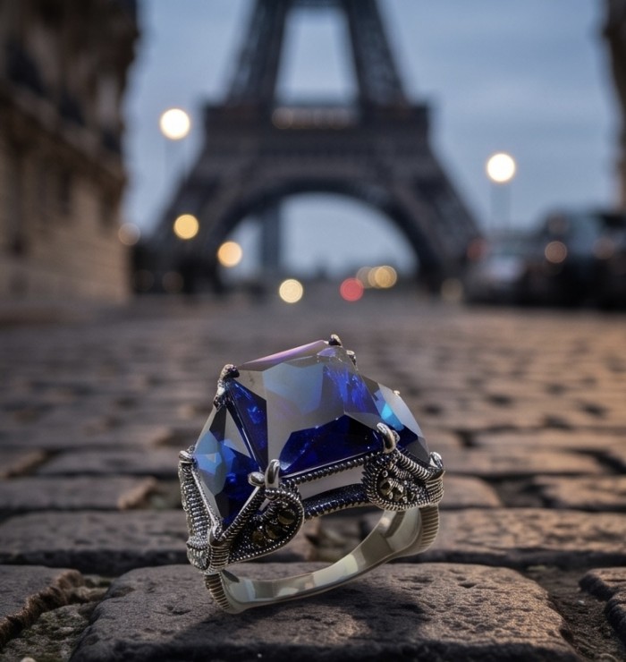 Brutalist design 19.5 carat Sapphire .925 Sterling Silver handmade Statement ring size 7 1/4 - Close-up of 19.5 carat sapphire ring against Eiffel Tower backdrop.