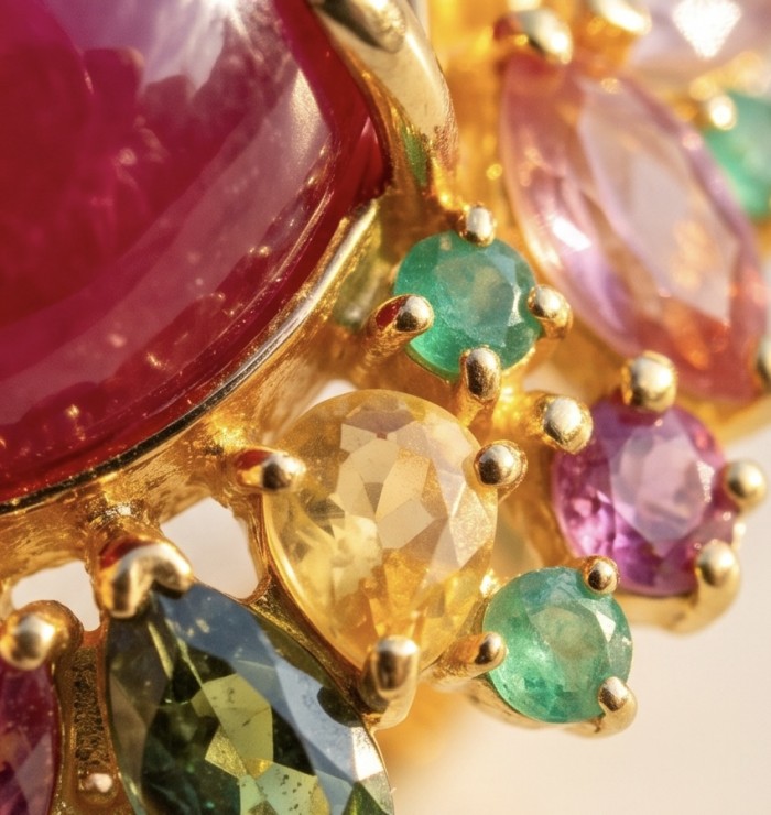 King of Gems Genuine 24.5 CARAT Mozambique Star Ruby 22K Gold over .925 Sterling Silver Large Statement Ring size 7 1/4 - Close-up of multicolored gemstones set in gold jewelry.