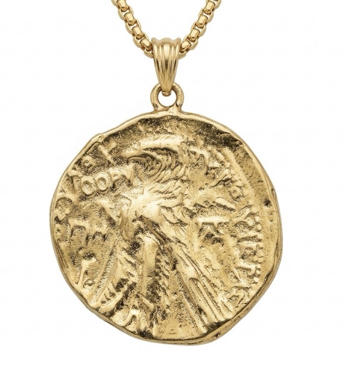 Ave Caesar - Vintage Style Coin .925 Sterling silver and plated with 14K Gold handcrafted necklace - Gold coin pendant necklace, front view close-up.