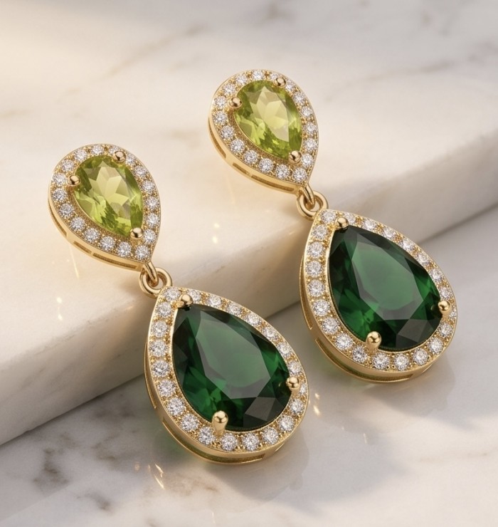 Natura - Authentic 4.5 CARAT natural Colombian Emerald 2.1 carat Peridot 22K Gold over .925 Sterling Silver handcrafted earrings - Close-up of Natura earrings with emerald and peridot gemstones