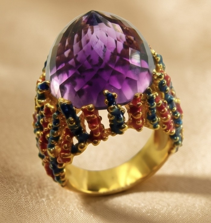 Peace 14.5 carat natural Fancy Rose cut Amethyst Enamel 22K Gold over .925 Sterling Silver Handcrafted Ring size 7 3/4 - Close-up of Peace ring with 14.5 ct amethyst and 22K gold setting.