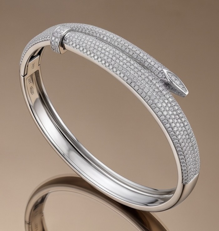 Nail 4.8 carat pave White Topaz rhodium over .925 Sterling Silver Bangle highly polished bracelet - Side view of Nail bracelet with 4.8 carat pavé white topaz stones.