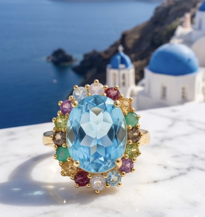 The Ocean Empress 55.8 carat Swiss Blue Topaz 22K Gold over .925 Sterling Silver dipped in rhodium handcrafted ring size 8 - Close-up of The Ocean Empress ring with Swiss Blue Topaz, coastal backdrop.