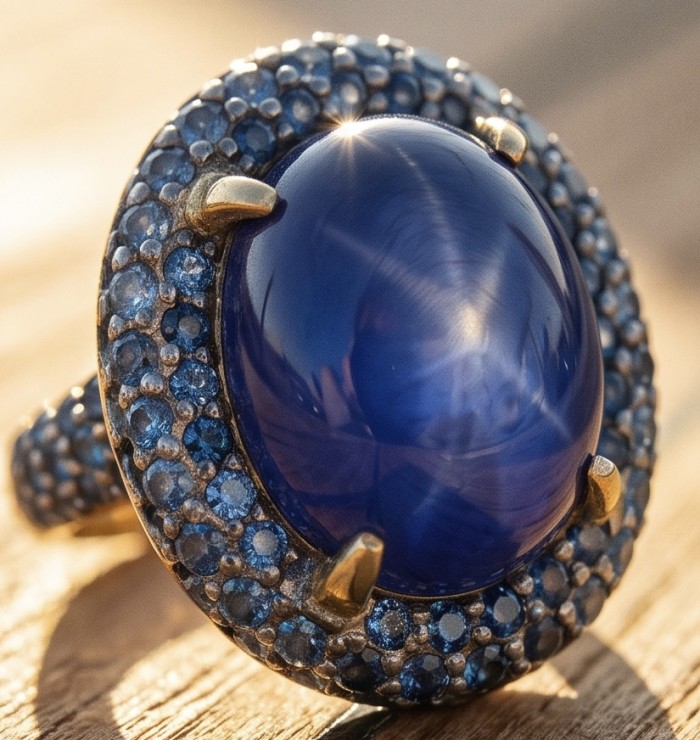 The Star of Kilimanjaro oval cut 22.6 carat Tanzanite 22K Gold over .925 Sterling Silver handmade Statement ring size 7 - Close-up of The Star of Kashmir Star Sapphire ring.