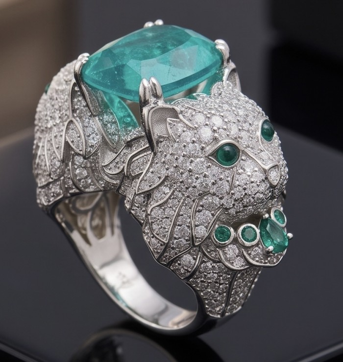 Elegant luxurious Cats 8.9 carat Colombian Emerald 2.1 carat Moissanite rhodium over .925 Silver handcrafted Cocktail Ring s. 8 - Side view of cat-themed ring with emerald and diamond details.