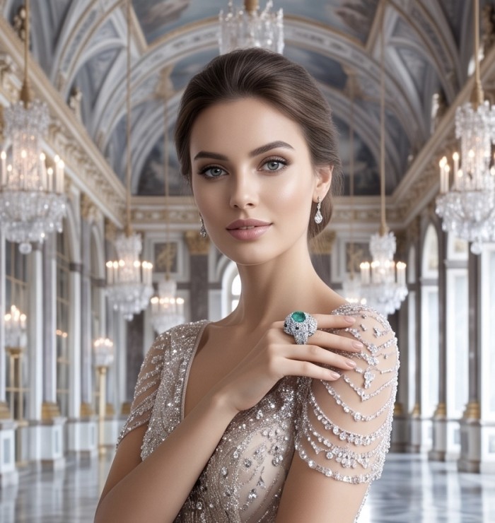 Elegant luxurious Cats 8.9 carat Colombian Emerald 2.1 carat Moissanite rhodium over .925 Silver handcrafted Cocktail Ring s. 8 - Model wearing elegant ring with 8.9 carat Colombian emerald in ballroom.