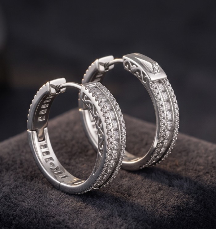 Allure Natural 8.2 carat White Topaz .925 Sterling Silver handcrafted hoop earrings - Side view of Allure White Topaz Sterling Silver hoop earrings.