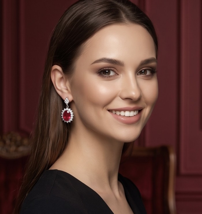 Natural 10.2 carat Mozambique Ruby .925 Sterling Silver dipped in Rhodium Handcrafted Earrings - Woman wearing ruby and silver earrings, side view