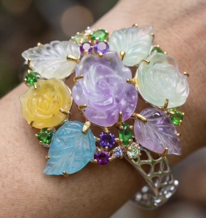Blooming Garden - Authentic 4.9 carat Brazilian Citrine Amethyst .925 Sterling Silver dipped in rhodium handcrafted Bracelet - Ornate floral bracelet with colorful stones, worn on wrist close-up