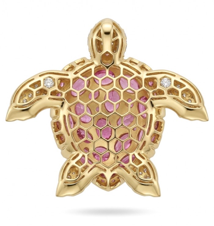 Pink Turtle Authentic 14.2 carat Pink Tourmaline 18K Gold over .925 Sterling Silver handcrafted Statement Pendant Brooch - Turtle pendant, top view, pink tourmaline, 18K gold, gem details.