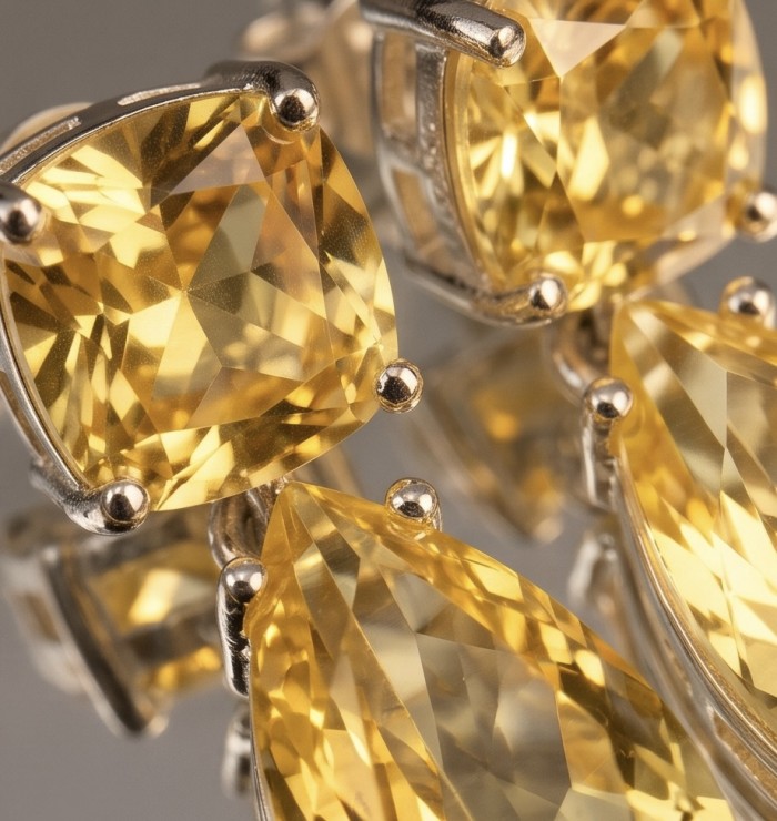 Giovanna - Authentic 12.4 carat Brazilian Citrine .925 Sterling Silver dipped in rhodium handcrafted earrings - Close-up of Brazilian Citrine stones in silver setting