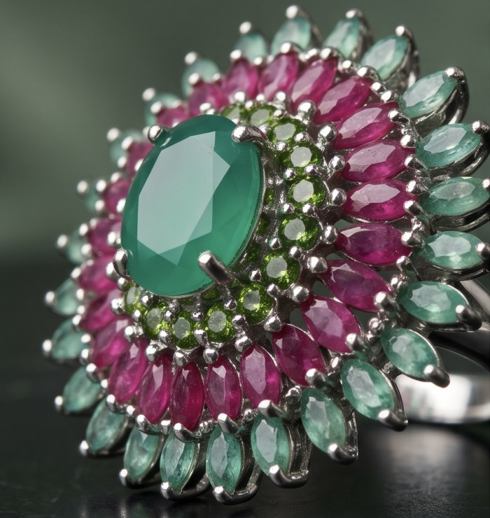 Giovanna 4.5 carat Emerald 2.7 carat Ruby rhodium over .925 Sterling Silver handcrafted ring size 9 - Stone close-up of Giovanna emerald and ruby rhodium ring.