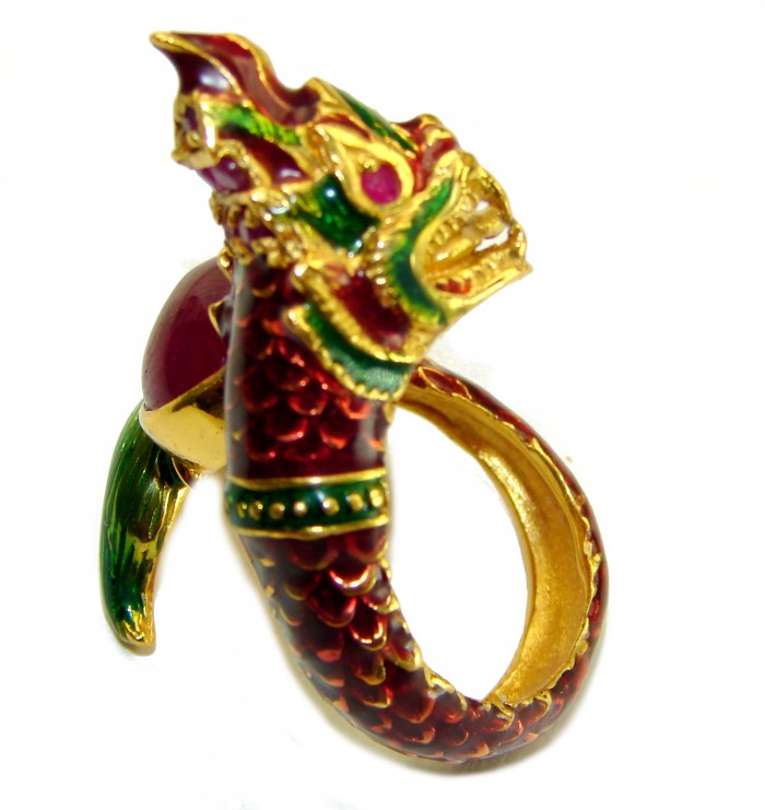 Dragon - symbolizes supernatural power- Enamel Ruby 18K Gold over .925 Sterling Silver Huge handcrafted Ring s. 8 - photo 4