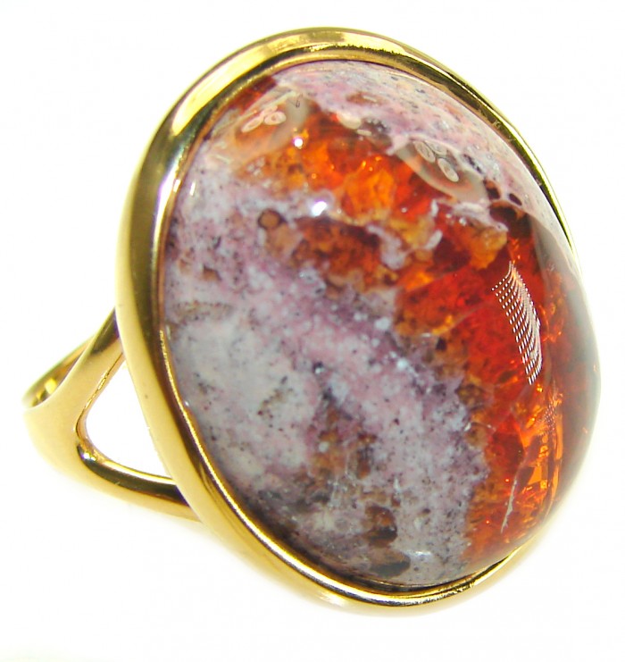 Golden River best quality 23.4 carat Mexican Opal 18K Gold over .925 Sterling Silver handmade ring 9 1/4 - Close-up of 23.4 carat Mexican Opal in 18K gold setting