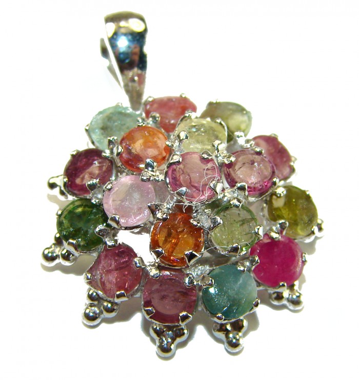 11.2 carat oval cut Brazilian Tourmaline .925 Sterling Silver Perfectly handcrafted pendant - Top view of multicolored tourmaline cluster pendant in sterling silver.