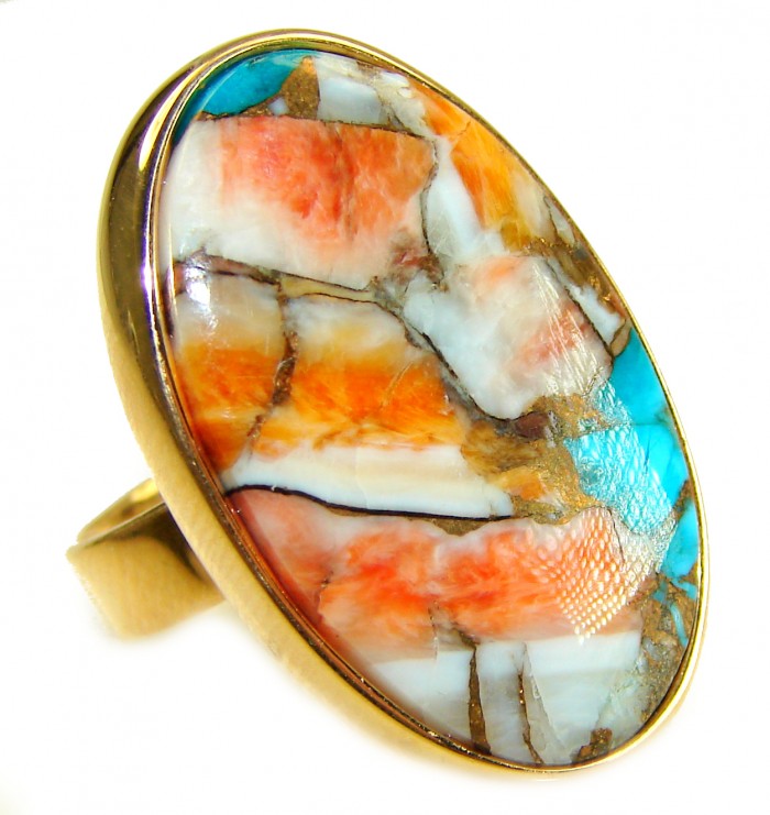 Blessed with Abundance 34.5 carat Oyster Turquoise 18K Gold over .925 Sterling Silver handcrafted Large ring; s. 7 adjustable - Close-up of Oyster Turquoise ring in 18K gold setting