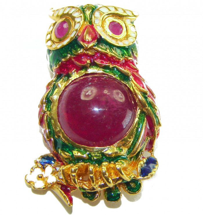 Wisdom and Unseen World - Owl- Genuine 10.5 carat Ruby enamel .925 Sterling Silver handmade Pendant - Brooch - Owl brooch with 10.5 carat ruby, enamel details, front view.