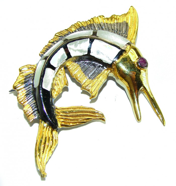 Precious Fish Natural Rainbow Abalone Ruby 14K Gold over .925 Sterling Silver handmade Pendant Brooch - Side view of fish brooch with abalone and ruby detail in gold setting