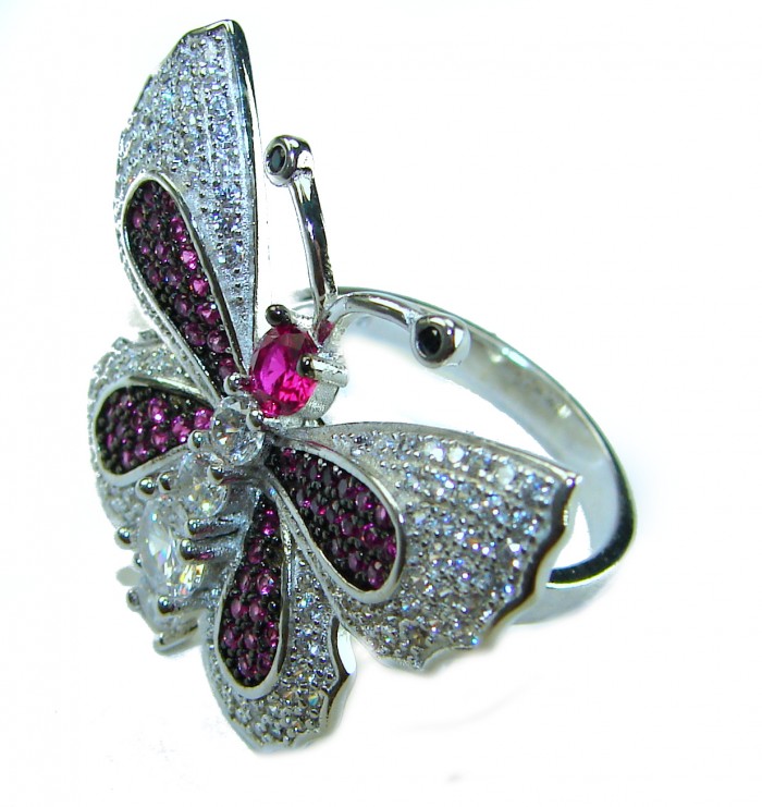 Precious Butterfly Genuine 10.5 carat Ruby .925 Sterling Silver handmade LARGE Statement Ring size 7 1/2 - Butterfly ring with rubies and stones, side view on .925 sterling silver.