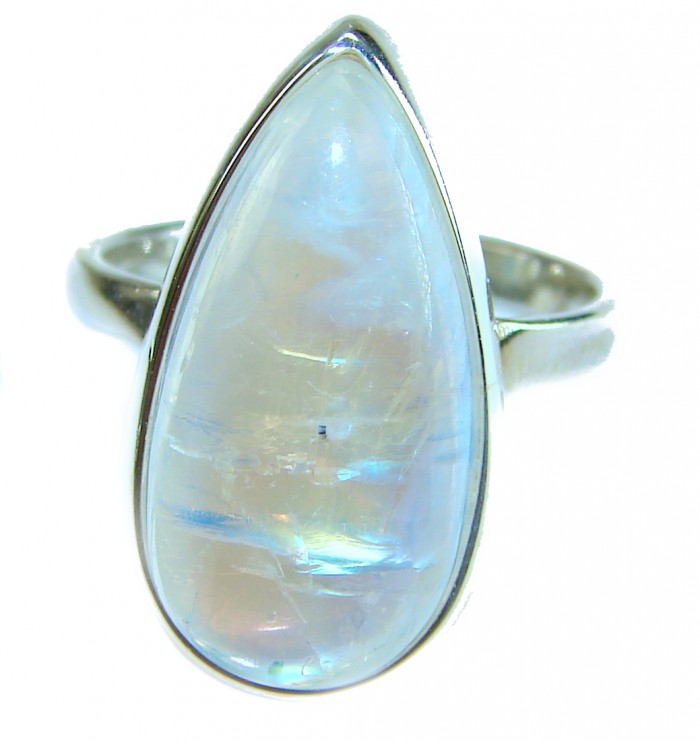 Rainbow Moonstone .925 Sterling Silver handmade ring s. 8 adjustable - Close-up of Rainbow Moonstone sterling silver ring.