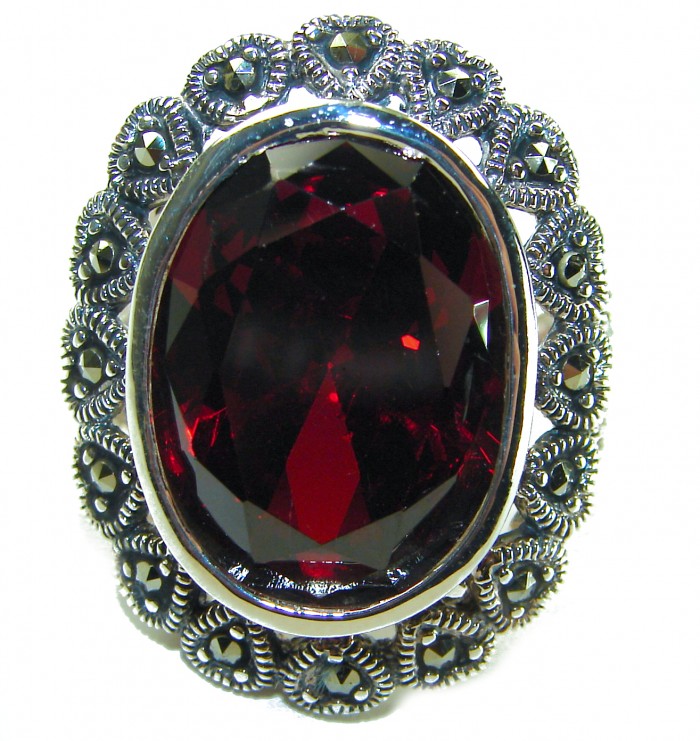 Wonderland Natural 27.7 carat Garnet Marcasite .925 Sterling Silver handmade Large Statement Ring size 8 - Close-up of Wonderland Garnet Marcasite ring in sterling silver.
