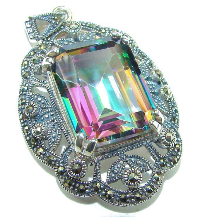 Spectacular 14.2 cut Mystic Topaz Marcasite .925 Sterling Silver handcrafted Pendant - photo 3
