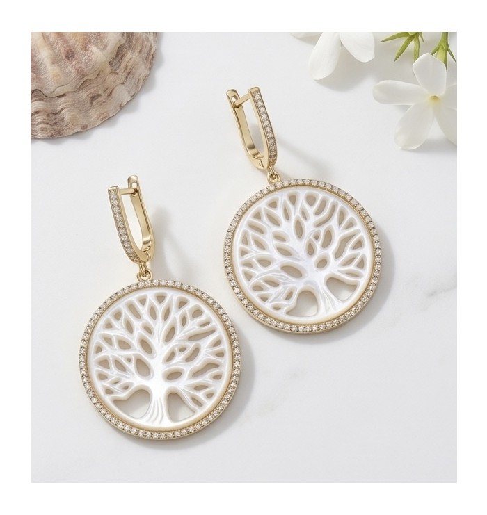 Family Tree - Large - Sublime Blister Pearl 18K Gold over .925 Sterling Silver handcrafted Earrings - Family Tree earrings, top view, gold with pearl and diamond detailing.