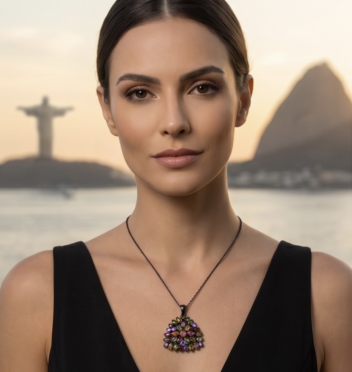 Giovanna 17.5 carat Brazilian Watermalon Tourmaline black rhodium over .925 Sterling Silver handmade Pendant - Woman wearing Giovanna 17.5 carat watermelon tourmaline necklace.