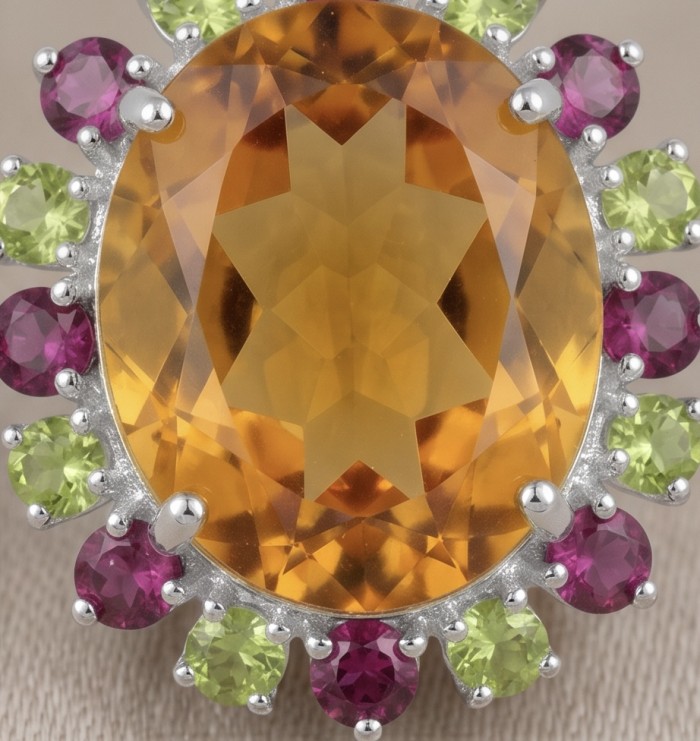 Floral design 24.2 carat Green Topaz rhodium over .925 Sterling Silver handcrafted earrings - Close-up of floral design ring with orange and green gemstones