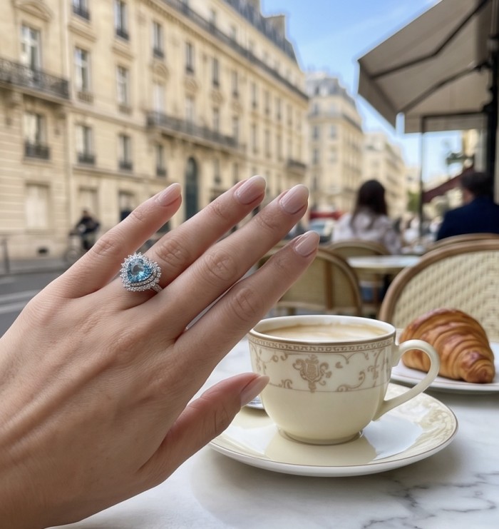 Angels's Heart 6.5 carat genuine Swiss Blue Topaz .925 Sterling Silver handmade Statement Ring size 6 adjustable - Swiss Blue Topaz ring worn on hand with coffee and croissant backdrop.