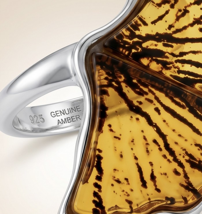 Calla lily Authentic Golden carved Baltic Amber .925 Sterling Silver entirely handcrafted LARGE ring; s. 7 adjustable - Close-up of calla lily-shaped amber ring with sterling silver setting