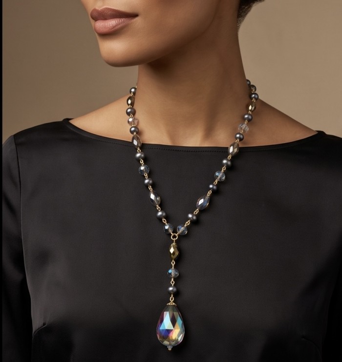 Bohemian Style Huge Genuine 34 inches Titanum Druzy .925 Sterling Silver handmade necklace - Necklace worn on model, showcasing large pendant and elegant beadwork.