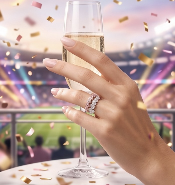 Born to Glam authentic 4.2 carat White Pink Topaz rhodium over .925 Silver handcrafted Ring s. 7 3/4 - Hand wearing Born to Glam ring, champagne flute in background.
