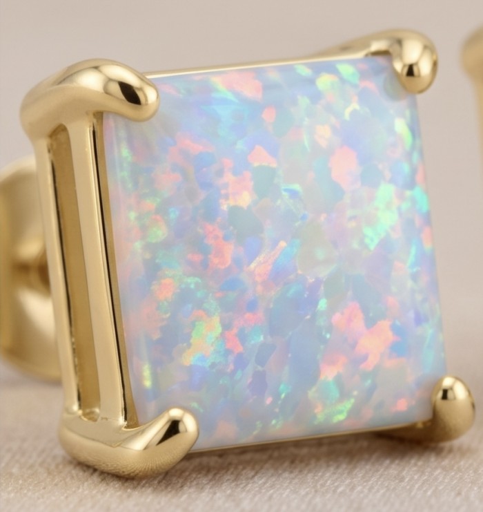 2.2 carat Australian Blue Opal 14K Gold over .925 Sterling Silver incredible handcrafted Earrings - Close-up of 2.2 carat Australian Blue Opal set in 14K Gold over Silver