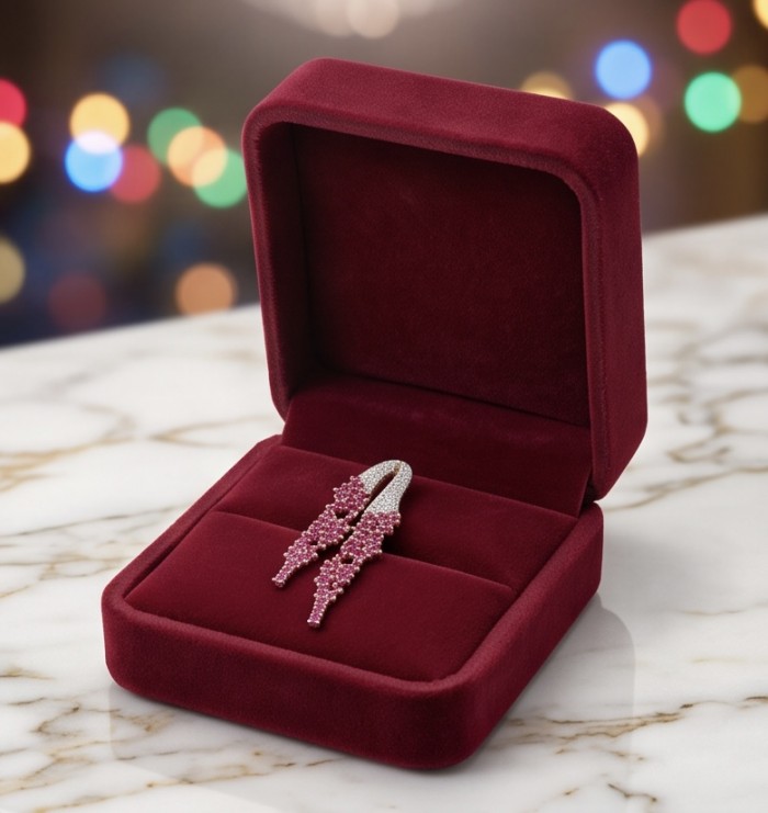 Byzantine Style 6.5 carat Ruby 18K Rose Gold over .925 Sterling Silver handcrafted pendant - Ruby earrings in red velvet box on marble background, front view.
