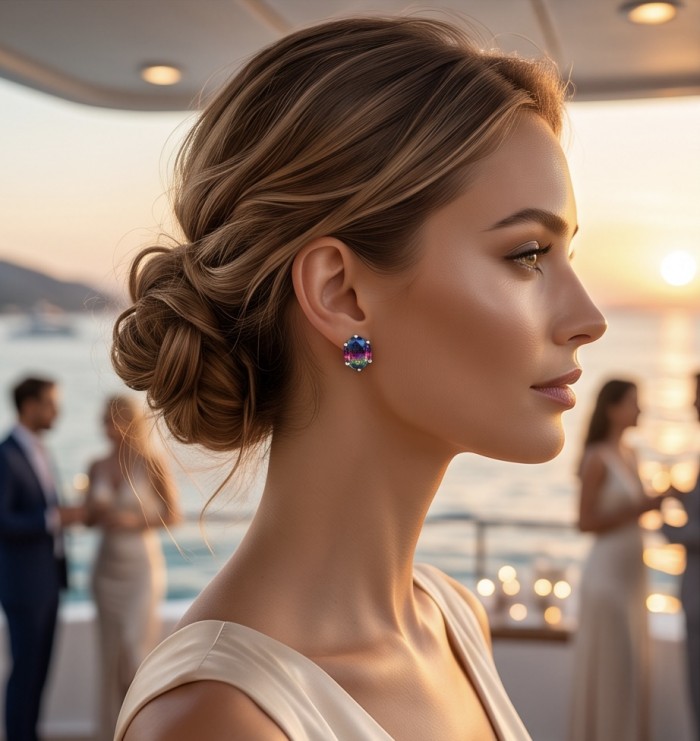 Luxurious authentic 11.2 carat Brazilian Tourmaline .925 Sterling Silver handcrafted earrings - Profile view of woman wearing 11.2 ct Brazilian Tourmaline earrings