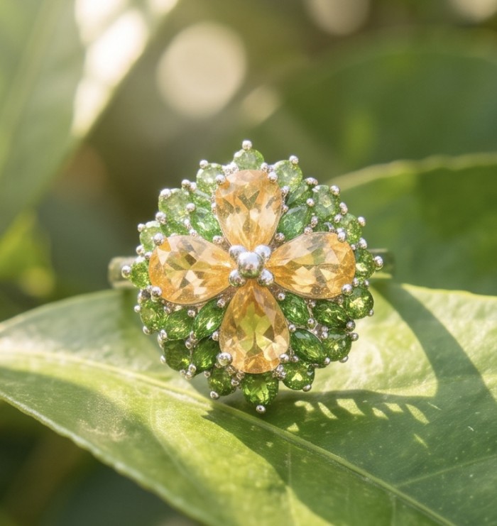 Vivien Luxurious Style - Natural 19. 2 carat Citrine .925 Sterling Silver dipped in rhodium handcrafted Statement ring; s. 8 - Citrine and green gemstone ring, top view on leaf background.