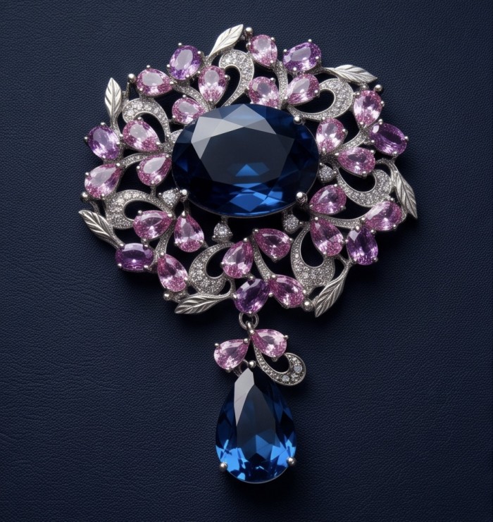 An exuberantly Large 141.8 carats Vintage style London Blue Topaz .925 Sterling Silver DIPPED IN RHODIUM handmade LARGE Pendant - Brooch - Vintage brooch with blue stone and pink gems, top view.