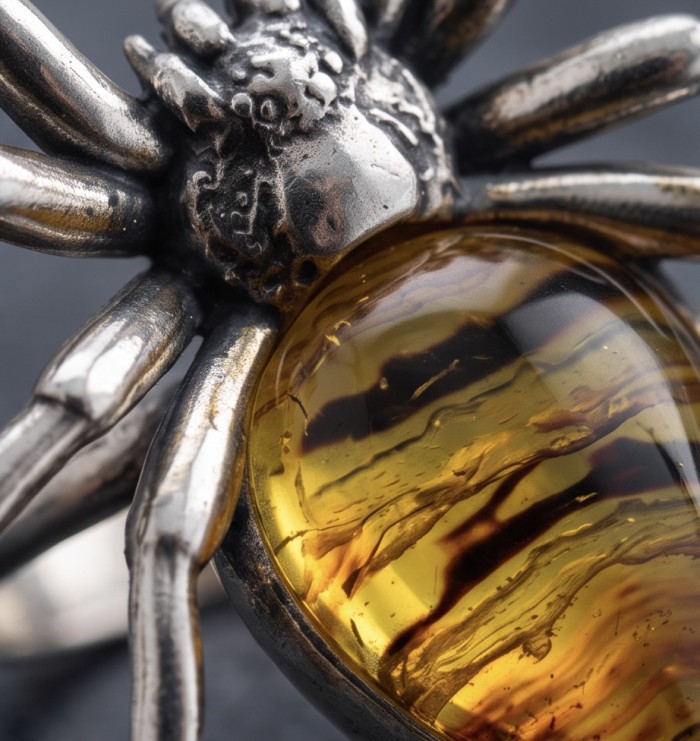 LARGE Golden Spider Authentic Baltic Amber .925 Sterling Silver handcrafted ring; s. 7 adjustable - Close-up of Baltic amber spider pendant with silver details.