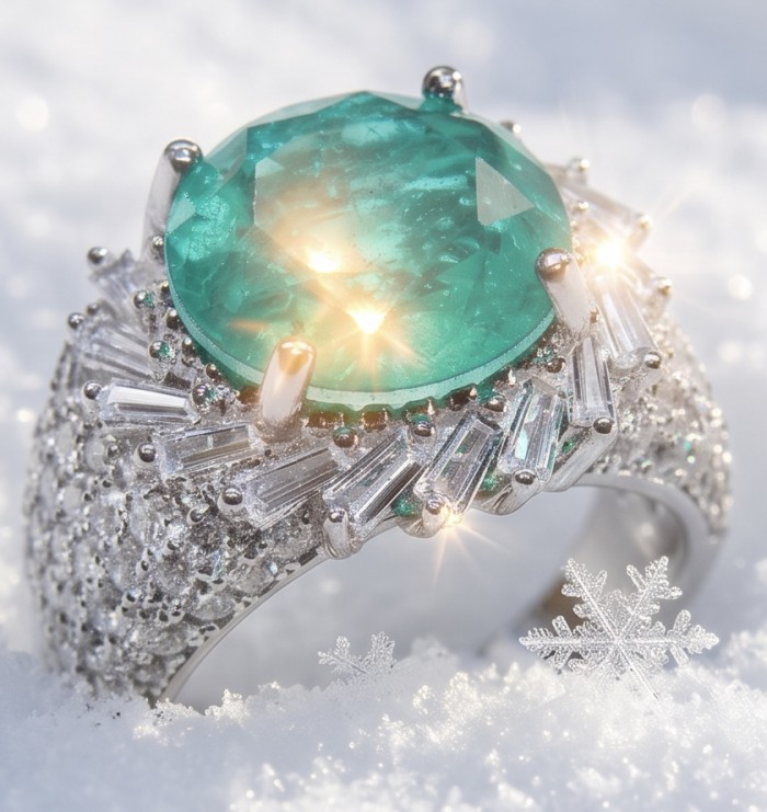 Elizabeth round cut 6.2 carat Colombian Emerald .925 Sterling Silver dipped in Rhodium handcrafted Ring size 6 1/4 - Close-up of sparkling emerald ring on snow with detailed stone setting.