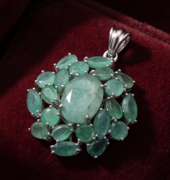 Amazonia - authentic 25.5 carat Colombian Emerald rhodium over .925 Sterling Silver handcrafted Pendant - Close-up of Amazonia emerald pendant on red velvet backdrop.