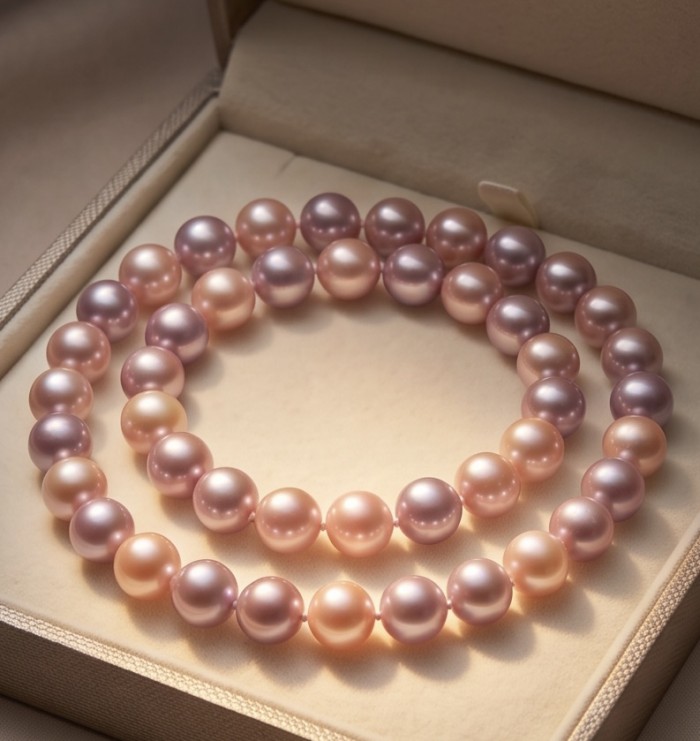 ELEGANT PASTELS - Outstanding freshwater Pearl .925 Sterling Silver handcrafted Statement necklace - Pastel freshwater pearl necklace top view in jewelry box