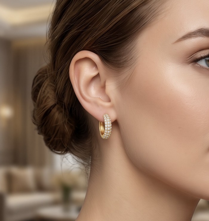 Dubai Style - 0.8 carat pave White Topaz .925 Sterling Silver dipped in 18K Gold handmade Earrings - Side view of a gold hoop earring with white topaz stones worn on ear
