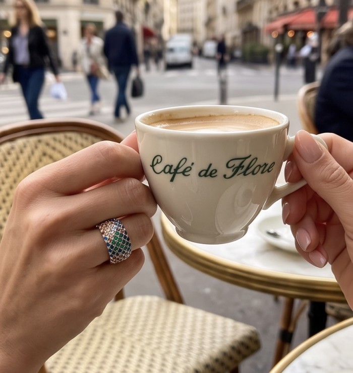 My own Rainbow - authentic 8.7 carat multigem .925 Sterling Silver Eternity Ring size 6 - Ring worn on hand, holding a Café de Flore cup in a Parisian street scene.